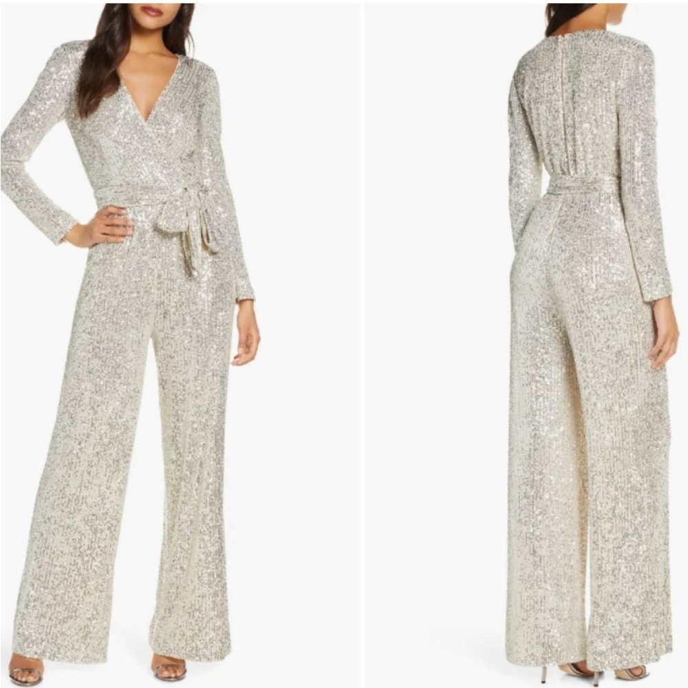 ELIZA J Sequin Wrap Front Long Sleeve Jumpsuit Size 6 Silver Champagne Wedding